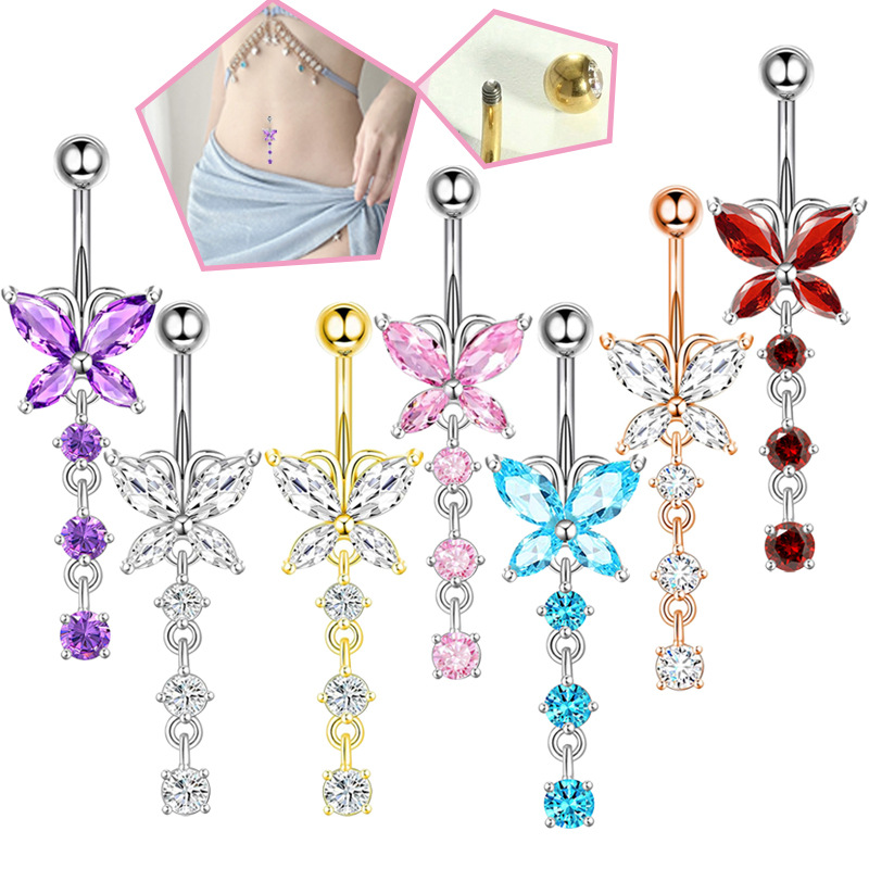 Body Jewelry And Piercing - 14GA Golden Butterfly with Dangling Flower